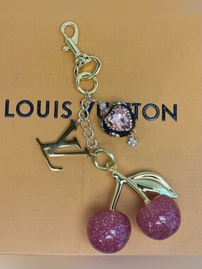Louis Vuitton Monogram, Pink Cherry and Heart Bag Charm, Keychain 5.5 inches.